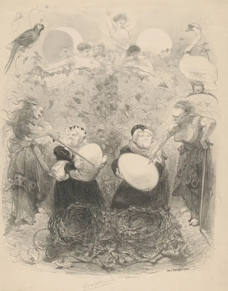 Ballet scene featuring elderly women holding eggs av Charles Rochussen