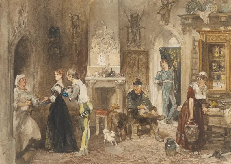 Beväpnade män i ett slott församlas i förrummet av Charles Rochussen