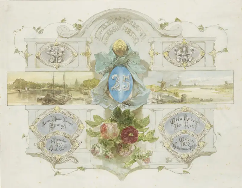 Felicitatie op de zilveren bruiloft van Otto Rudolph vom Rath en Anna Maria Louise Bunge, 1885 av Charles Rochussen