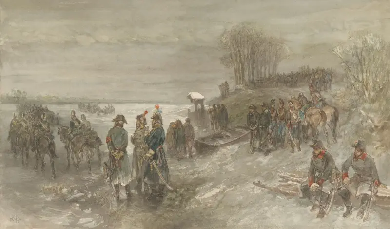 Franska trupper korsar en frusen flod av Charles Rochussen