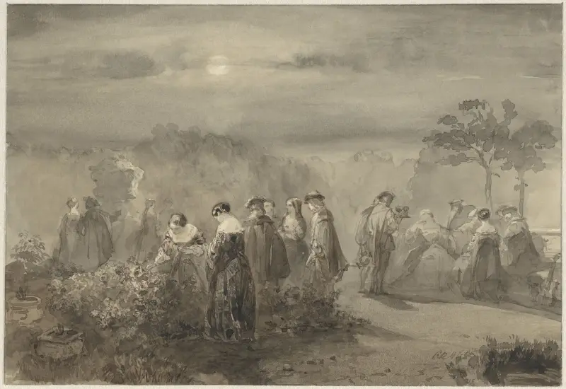 Gezelschap van dames en heren in een door de maan beschenen hof met rozenstruiken av Charles Rochussen