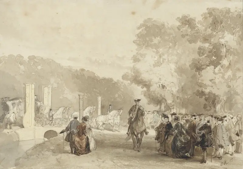 Koets van de Prins, die van de oprijlaan van Huis ten Bosch rijdt av Charles Rochussen