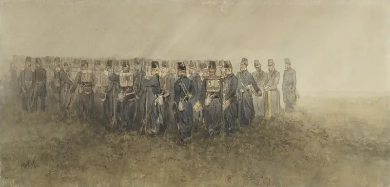 Pause eines Infanteriebataillons auf der Heide von Charles Rochussen