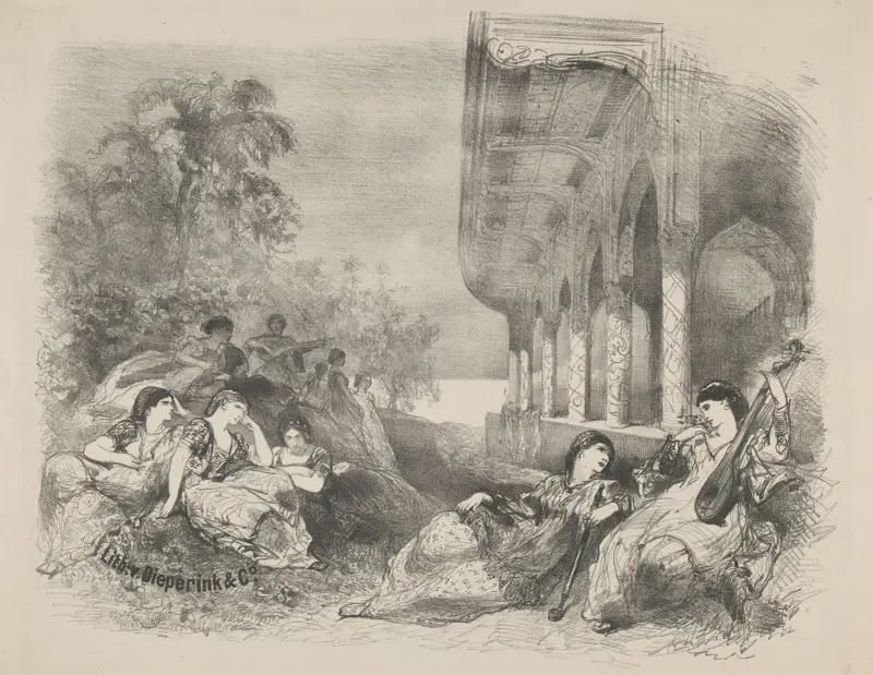 Scene from a play featuring Asian women av Charles Rochussen
