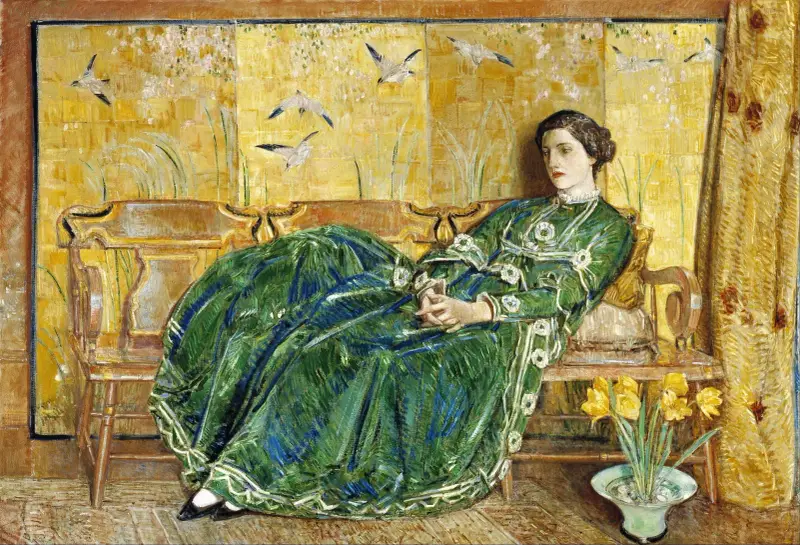 April (Den gröna klänningen) av Childe Hassam