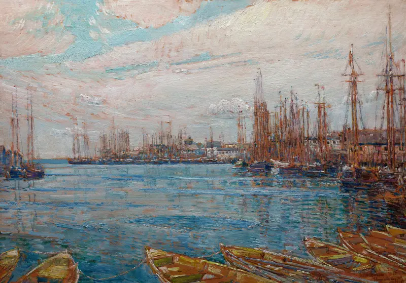 Hamn med tusen master av Childe Hassam