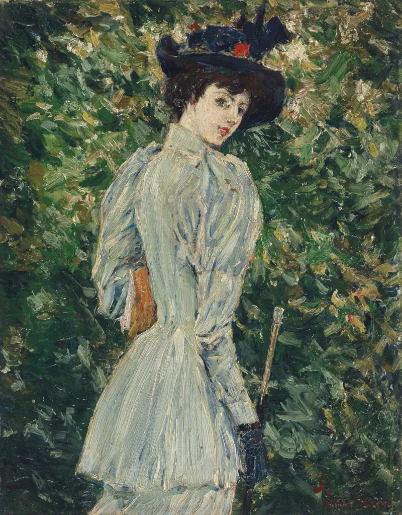 Dam i trädgård av Childe Hassam