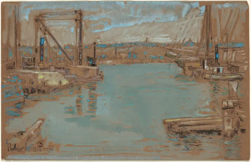 North River Dock, New York av Childe Hassam