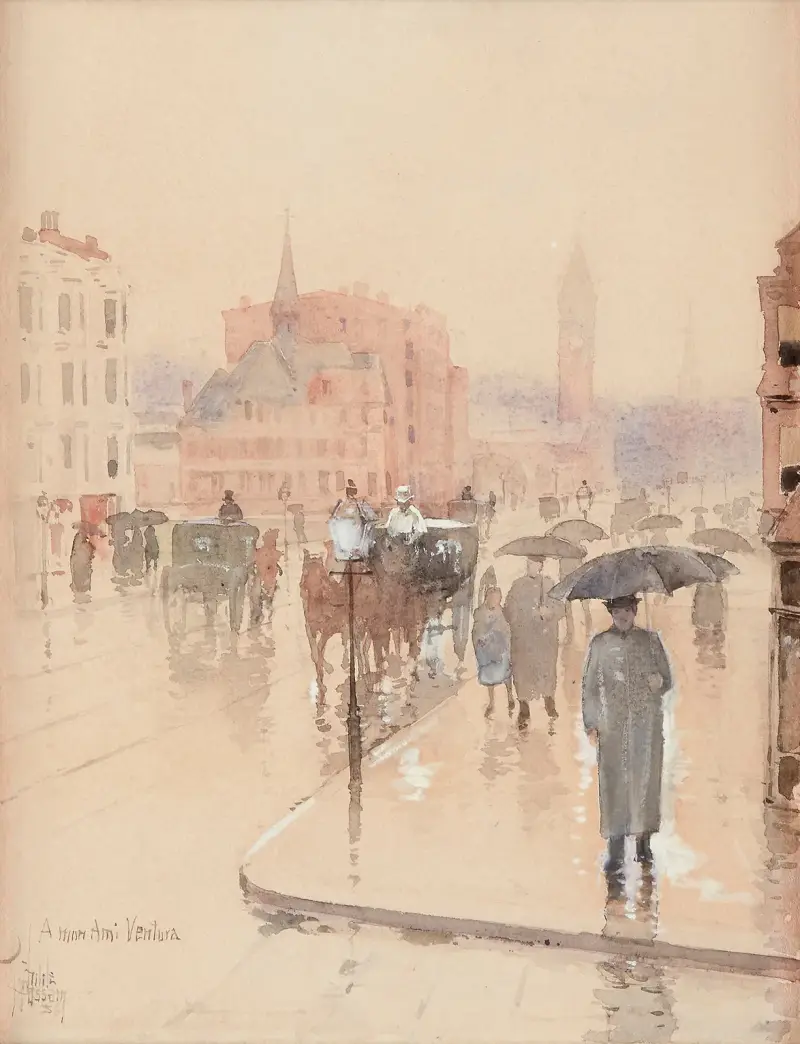 Regnig dag, Columbus Avenue, Boston av Childe Hassam