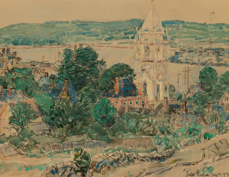 Täckning av första baptistkyrkan, Gloucester – studie av Childe Hassam