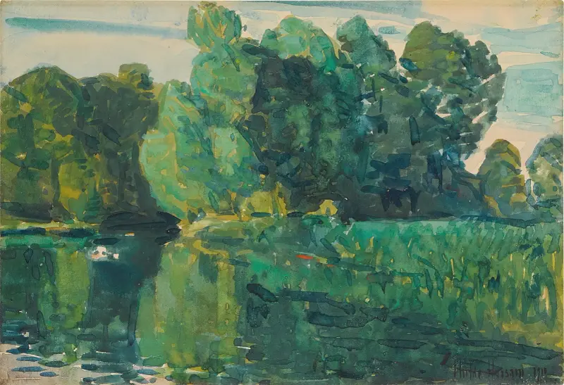 Träd vid en sjö av Childe Hassam