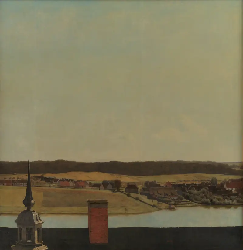 Roof Ridge of Frederiksborg Castle with View of Lake, Town and Forrest av Christen Købke