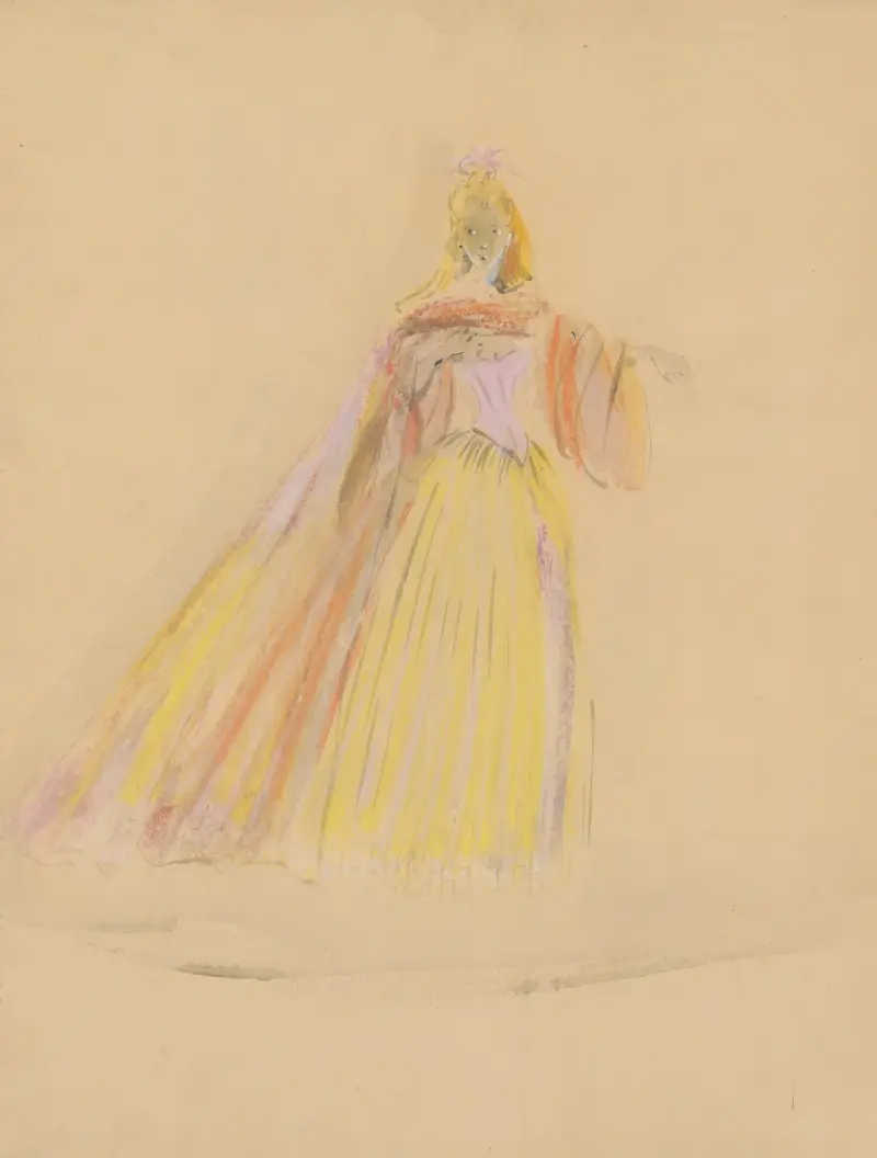 Amphitryon – maquette de costume – robe jaune, cape rouge av Christian Bérard
