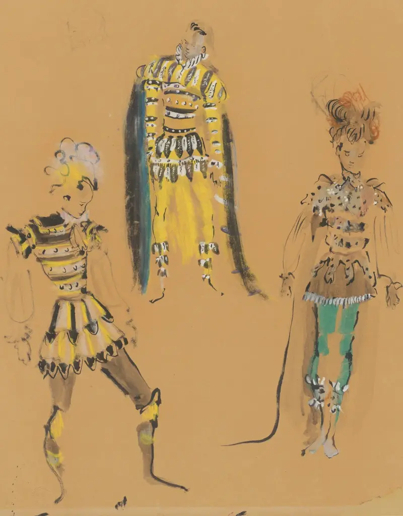 Amphitryon – maquette de costume – trois costumes masculins jaune et gris av Christian Bérard