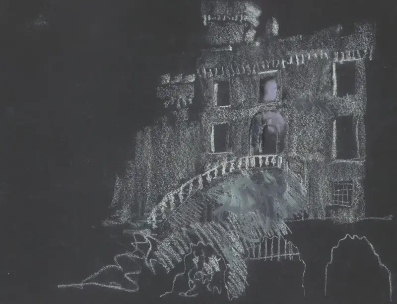 Juliette ou la Clef des songes – maquette de décor – façade de château avec escalier av Christian Bérard