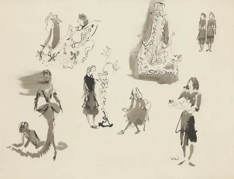 Les Bonnes – maquette de costume – planche – lit, esquisses de costumes av Christian Bérard