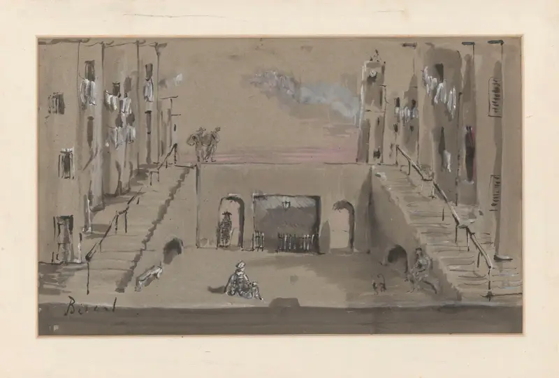 Les fourberies de Scapin – maquette de décor – rue avec venelles en escalier à droite et à gauche av Christian Bérard