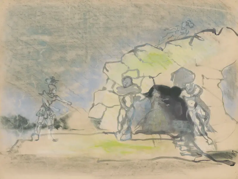 Renaud et Armide – maquette de décor – grotte avec quatre personnages av Christian Bérard