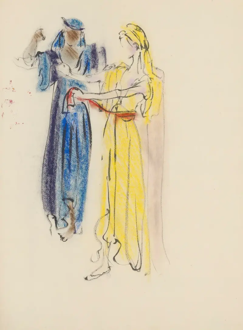 Sodome et Gomorrhe – maquette de costume – deux femmes, tunique jaune, tunique bleue av Christian Bérard