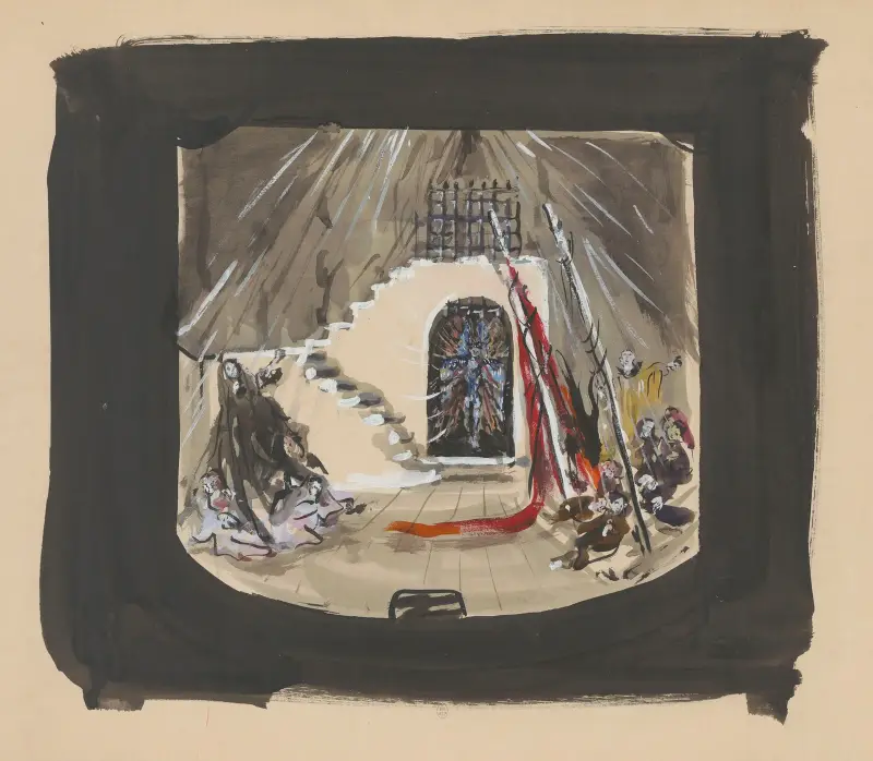 Sodome et Gomorrhe – maquette de décor – escalier longeant mur en ruine, podium avec draperie rouge av Christian Bérard