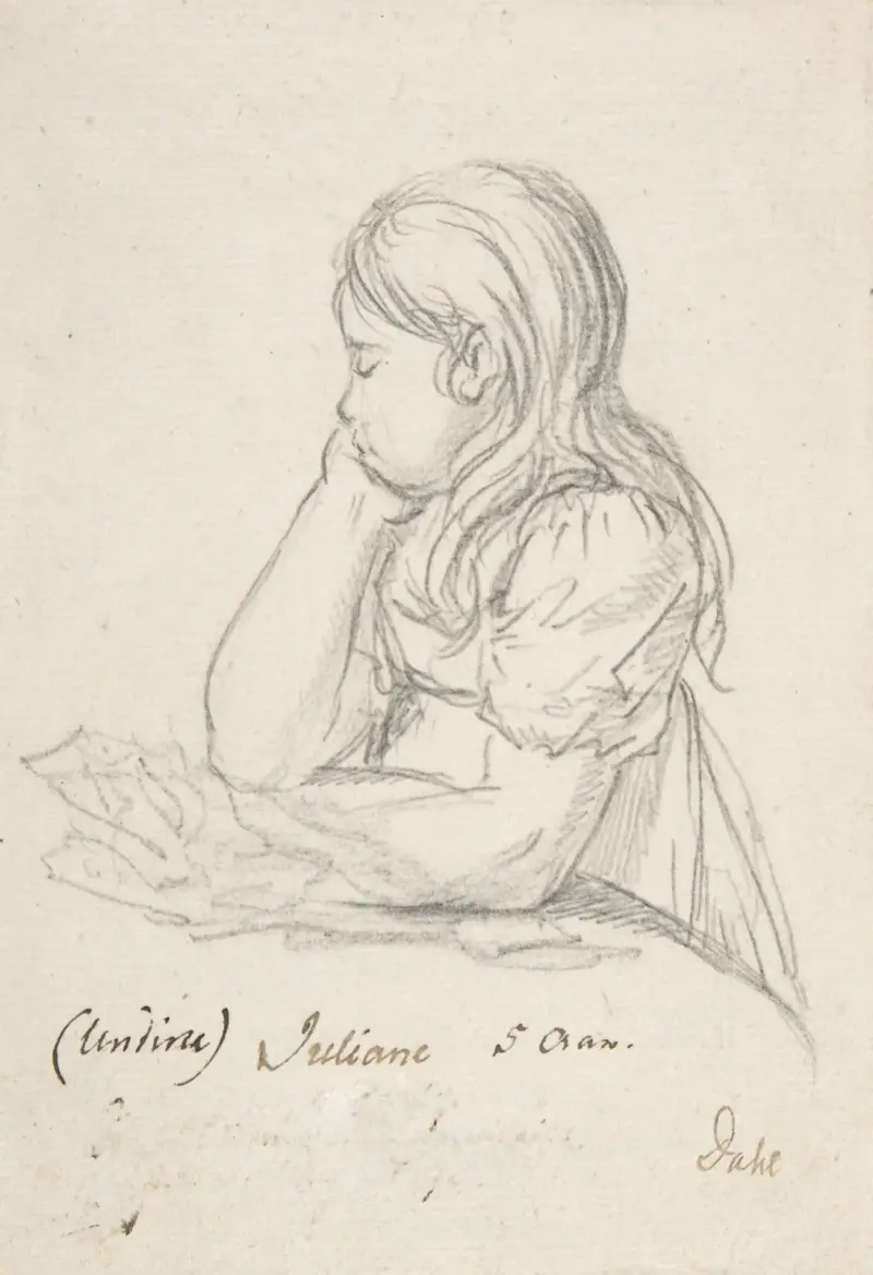 Porträt der Juliane Sophie Heger als Kind, an einen Tisch gelehnt von Johan Christian Dahl