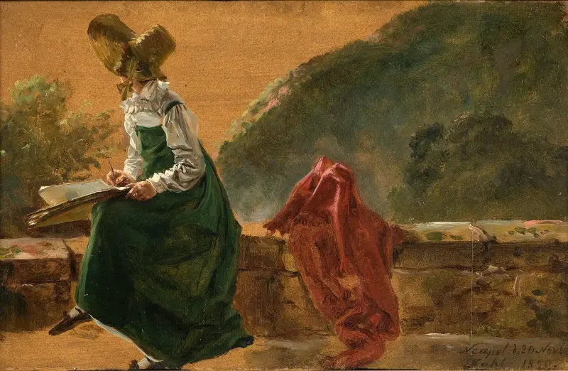 Prinsessan Caroline Amalie skissar i Neapel. Studie av Johan Christian Dahl