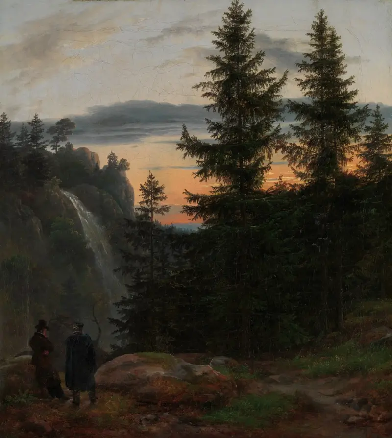 Två män framför ett vattenfall vid solnedgång av Johan Christian Dahl