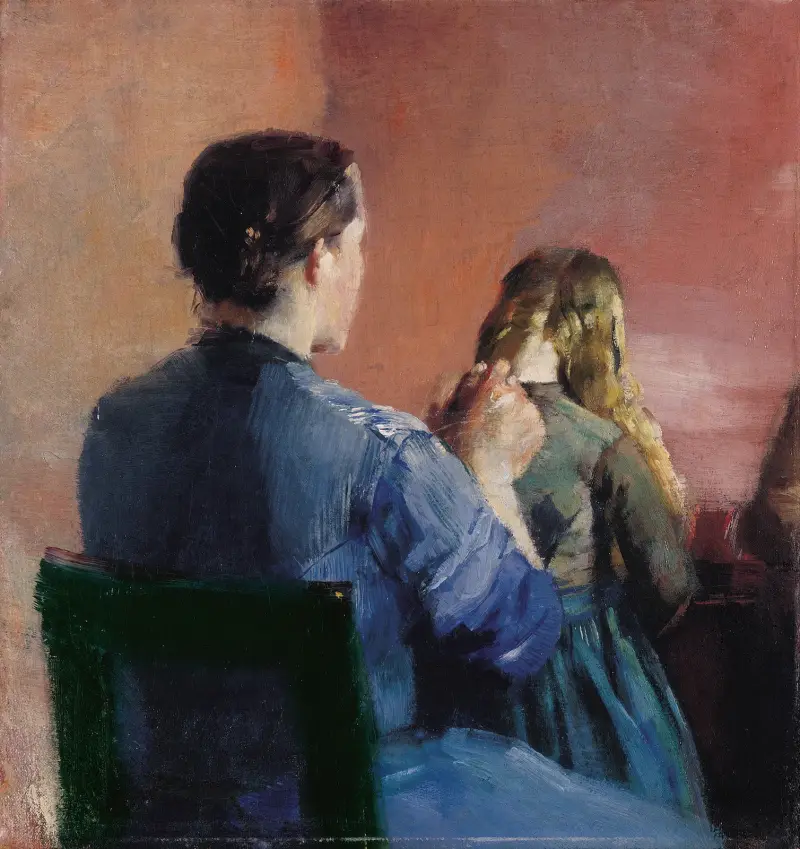 A mother plainting her little daughter’s hair av Christian Krohg