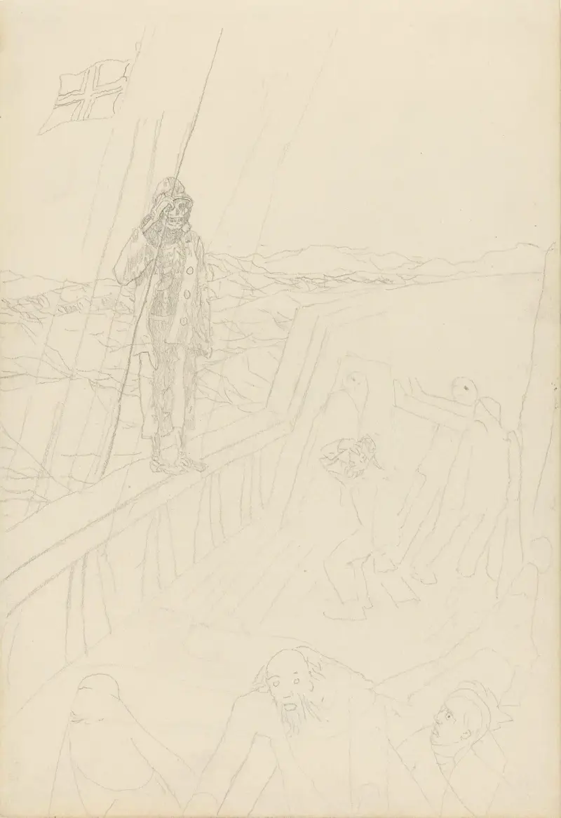 Döden på skeppsräcket och figurer med fördragna ansikten av Christian Krohg