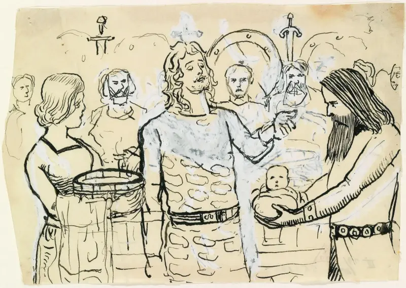 Forarbeid til illustrasjon til ‘Håkon den godes saga’ i Snorre Sturlason, Kongesagaer, Kristiania 1899 av Christian Krohg