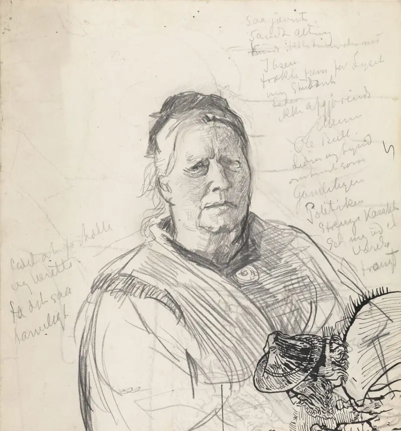 Frauenporträt und Entwurf zu einer Snorre-Zeichnung von Christian Krohg