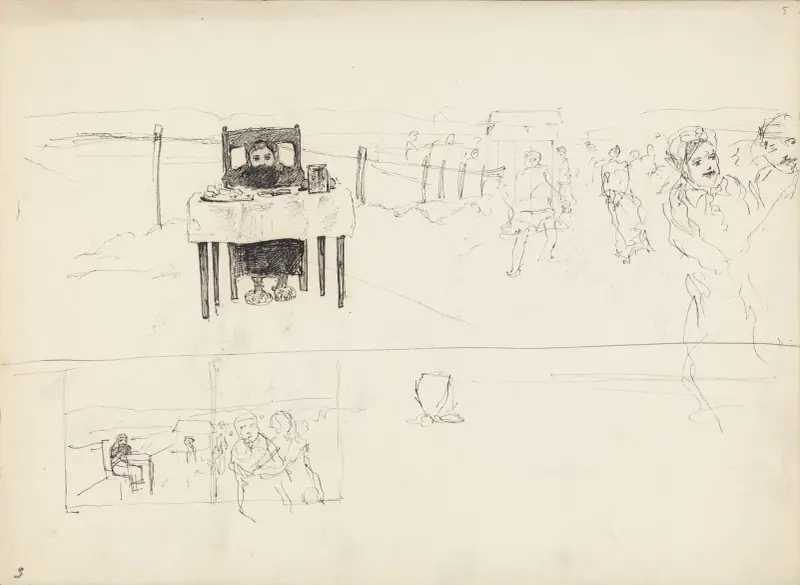 Man vid bord och landskap med figurer av Christian Krohg