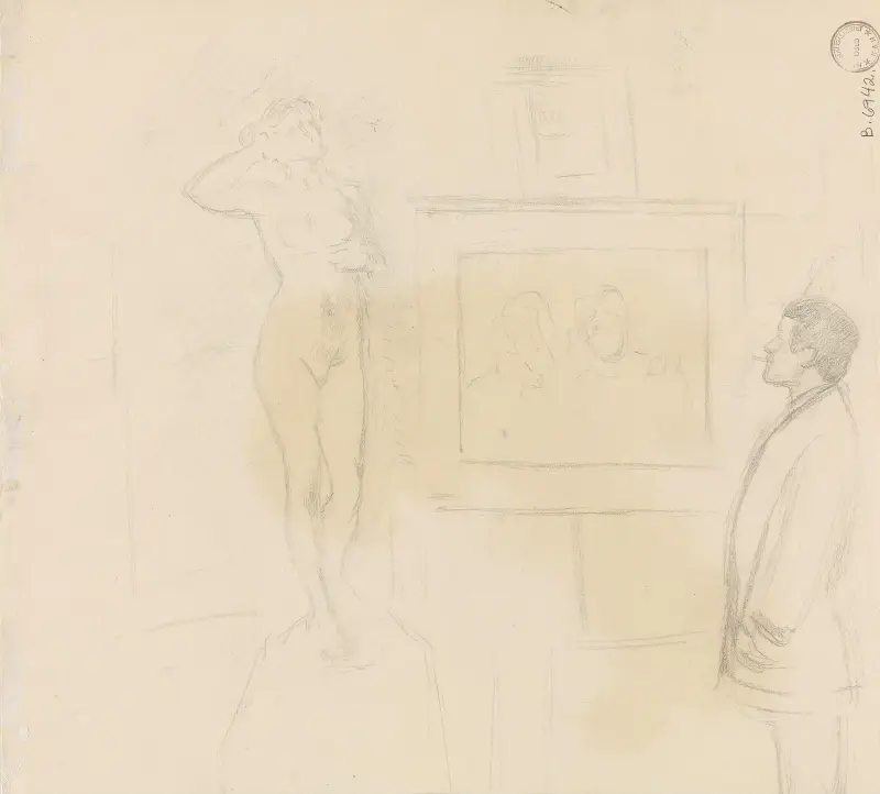 Mann med sigarett som betrakter kunstverk av Christian Krohg