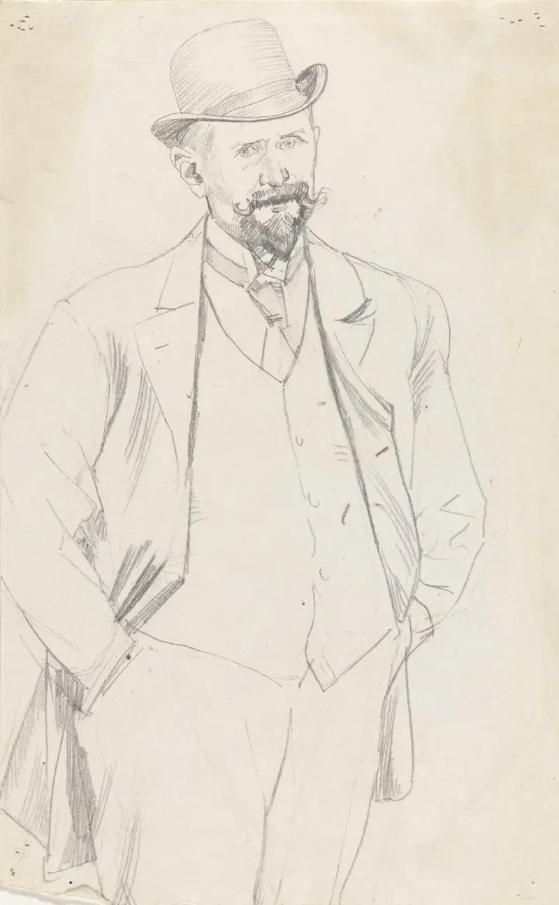 Mansporträtt, knästycke, med mustasch och hatt av Christian Krohg