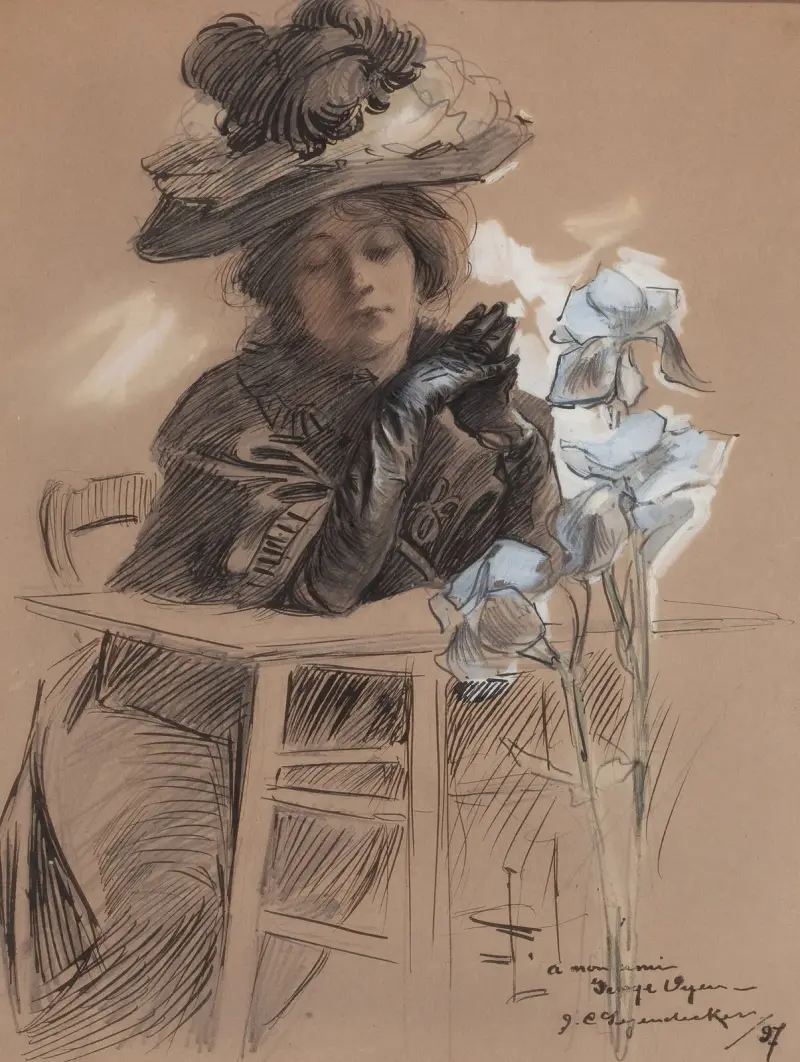 Sittande dam med elegant hatt av Joseph Christian Leyendecker