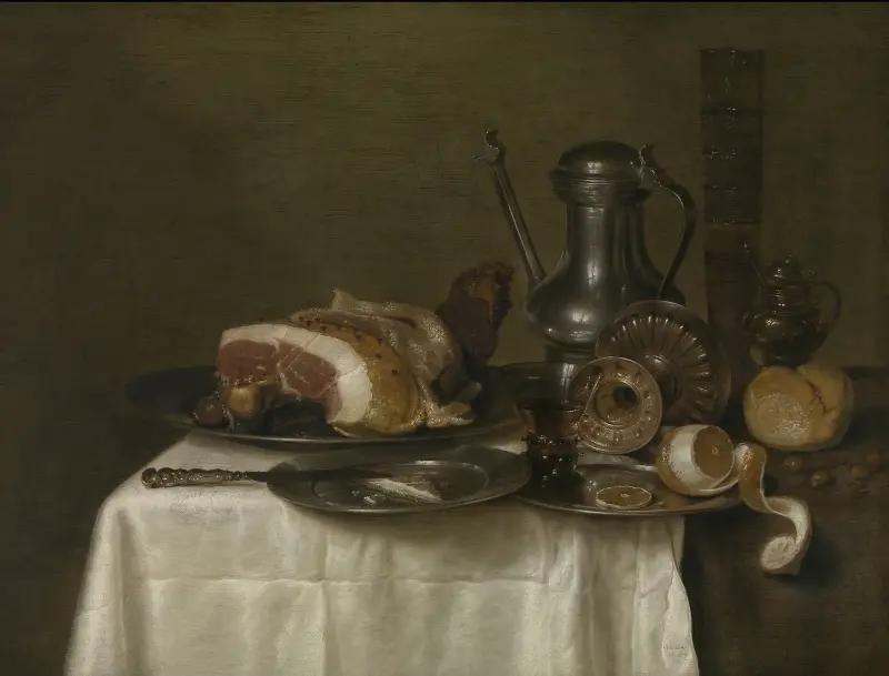 Stilleben mit Schinken und Brot von Willem Claesz Heda