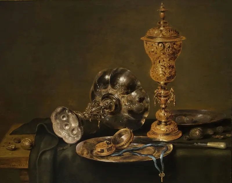 Still Life with Metal Vessels and a Watch on a Table av Willem Claesz Heda