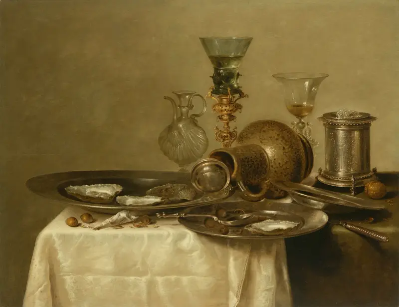 Three pewter plates with oysters, an over-turned stoneware jug, a silver salt cellar, a glass carafe, a roemer on a gilt cupholder av Willem Claesz Heda