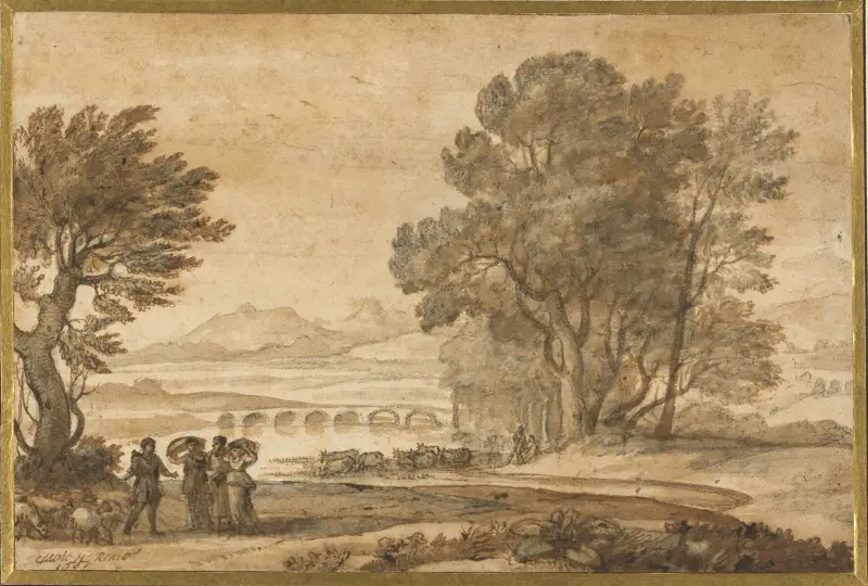 Ett skogbeklätt flodlandskap med Jakob, Laban och hans döttrar av Claude Lorrain