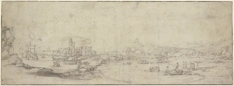 Bei einer ruinierten Festung eine Brücke über einen mit Kähnen befahrenen Fluß, links ein großes Schiff av Claude Lorrain