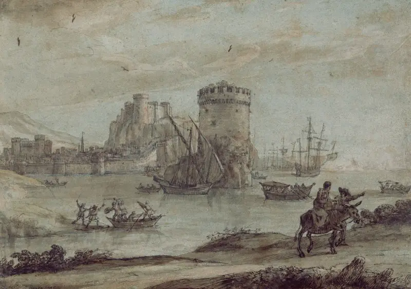Figurer i ett landskap framför en hamn av Claude Lorrain