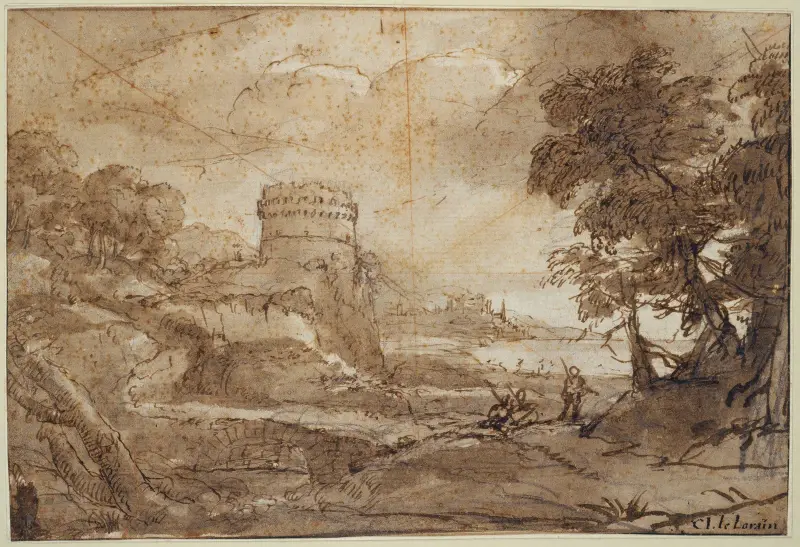 Landskap med ett runt torn och en vik av Claude Lorrain
