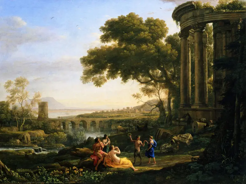 Landscape with Nymph and Satyr Dancing av Claude Lorrain