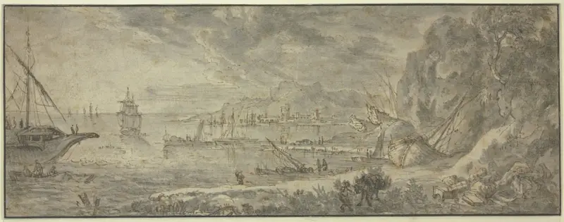 Marine, rechts große Felsen, vorn ein Maultiertreiber, im Hintergrunde eine Stadt av Claude Lorrain