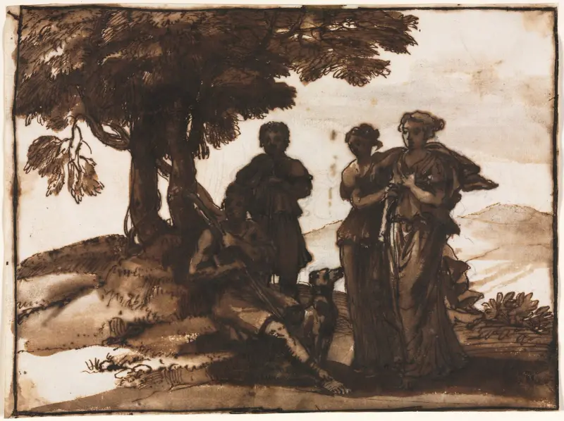 Pastorale Landschaft mit antiken Figuren[object Object] von Claude Lorrain