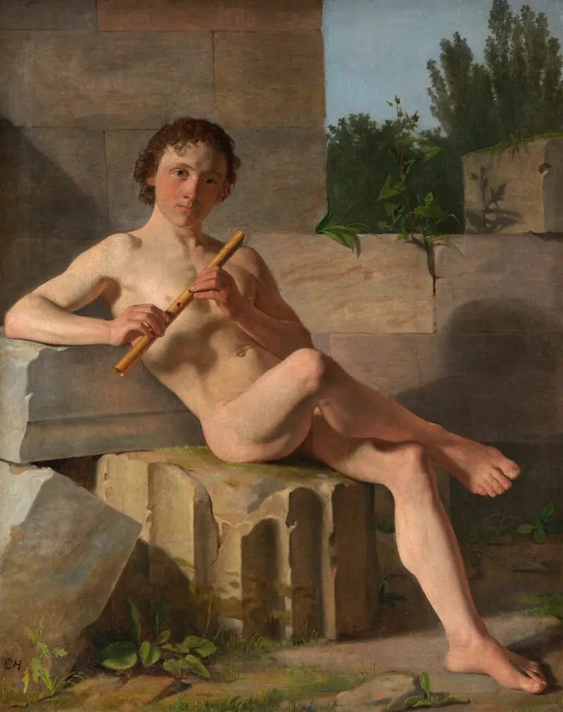 Ein männliches Modell, Flöte spielend von Constantin Hansen