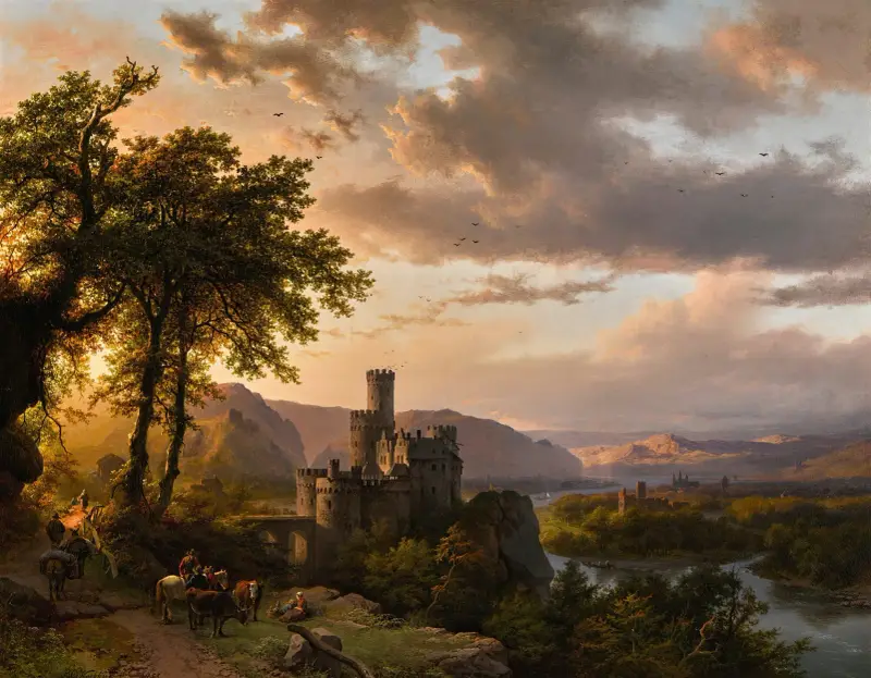 Hügelige Landschaft mit Schloss und Reisenden auf einem Pfad von Barend Cornelis Koekkoek