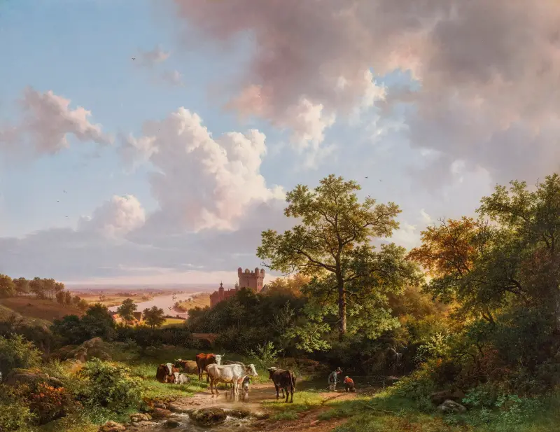 A panoramic landscape with a view on the Middle-Rhine with a castle av Barend Cornelis Koekkoek