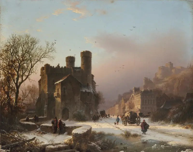 Vinterlandskap med figurer nära en by av Barend Cornelis Koekkoek
