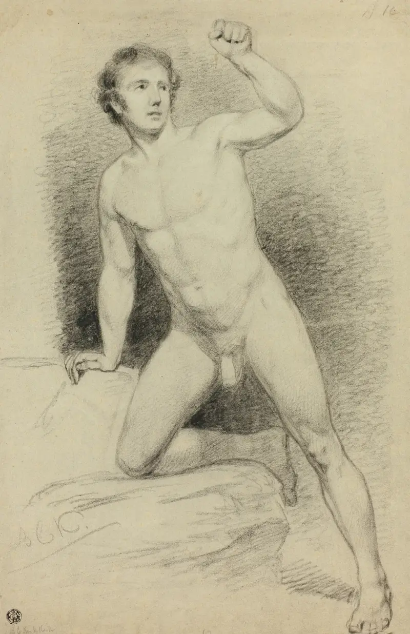 Akademisk manlig nakenstudie lutad mot plattform av Barend Cornelis Koekkoek